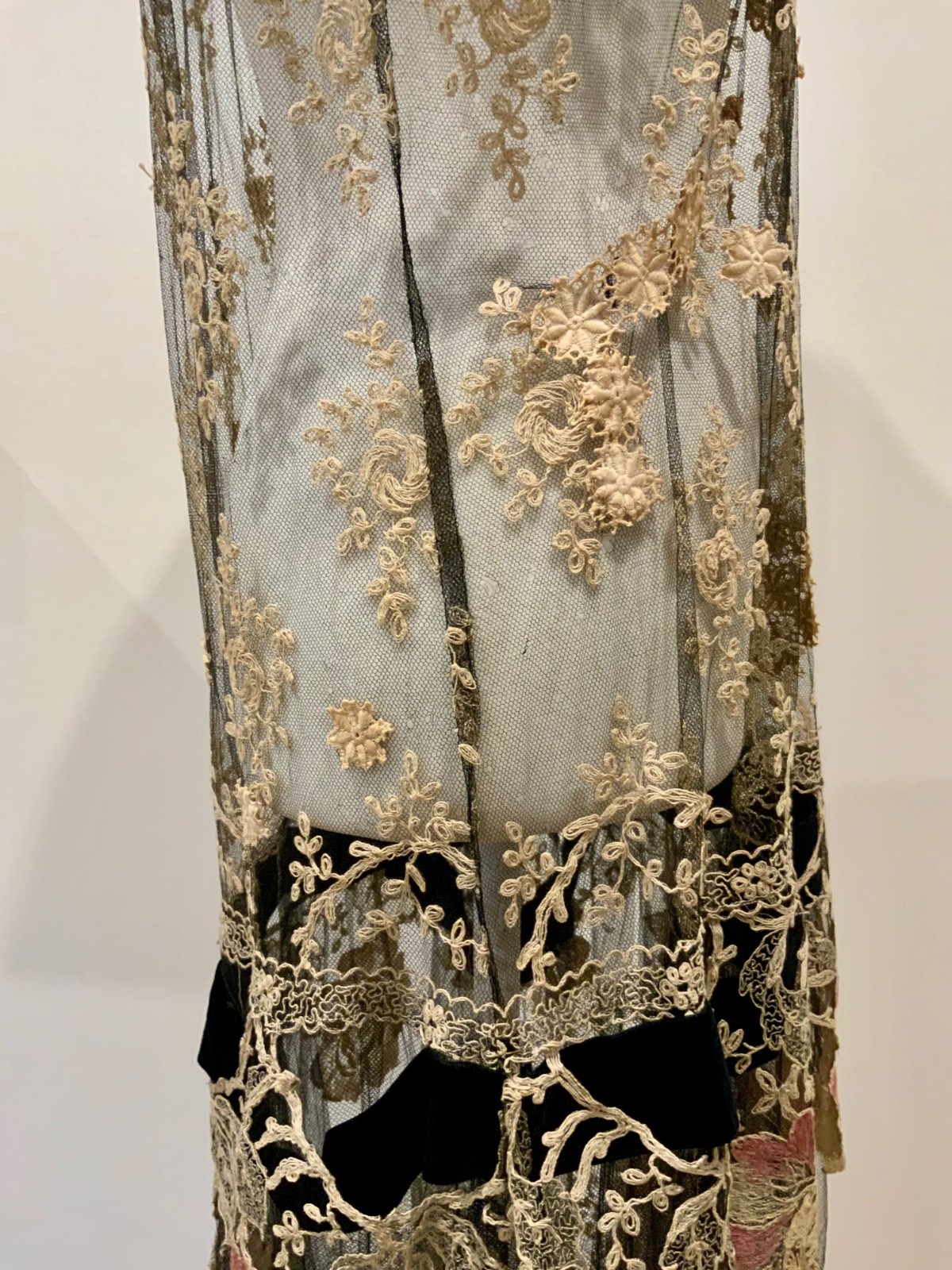 Rare 1920s French Lace Dress. Black Net & Pink Floral Embroidery. Restored S