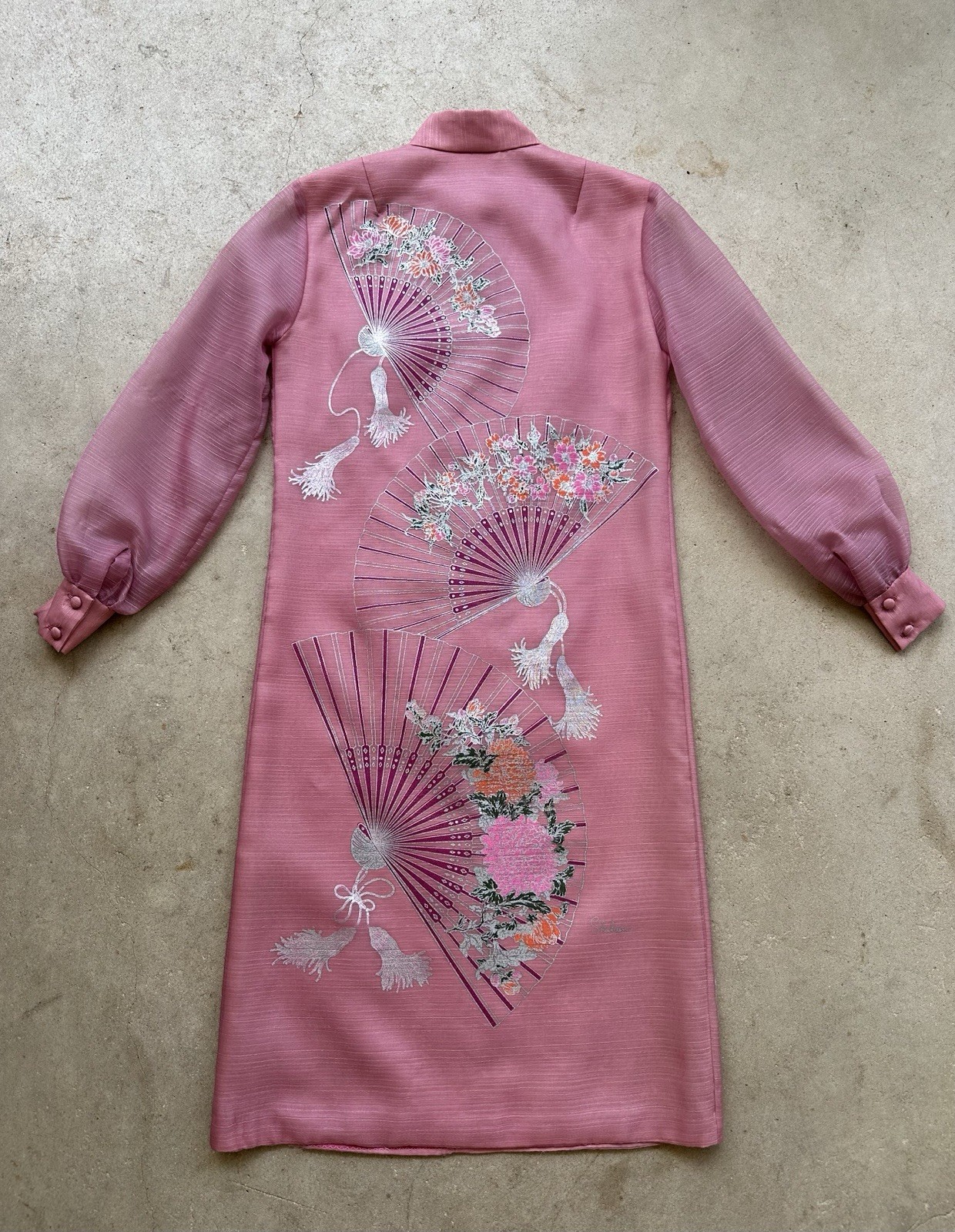 Vintage 60s 70s Alfred Shaheen Pink Fan Print Hostess Shift Dress Sheer Sleeve