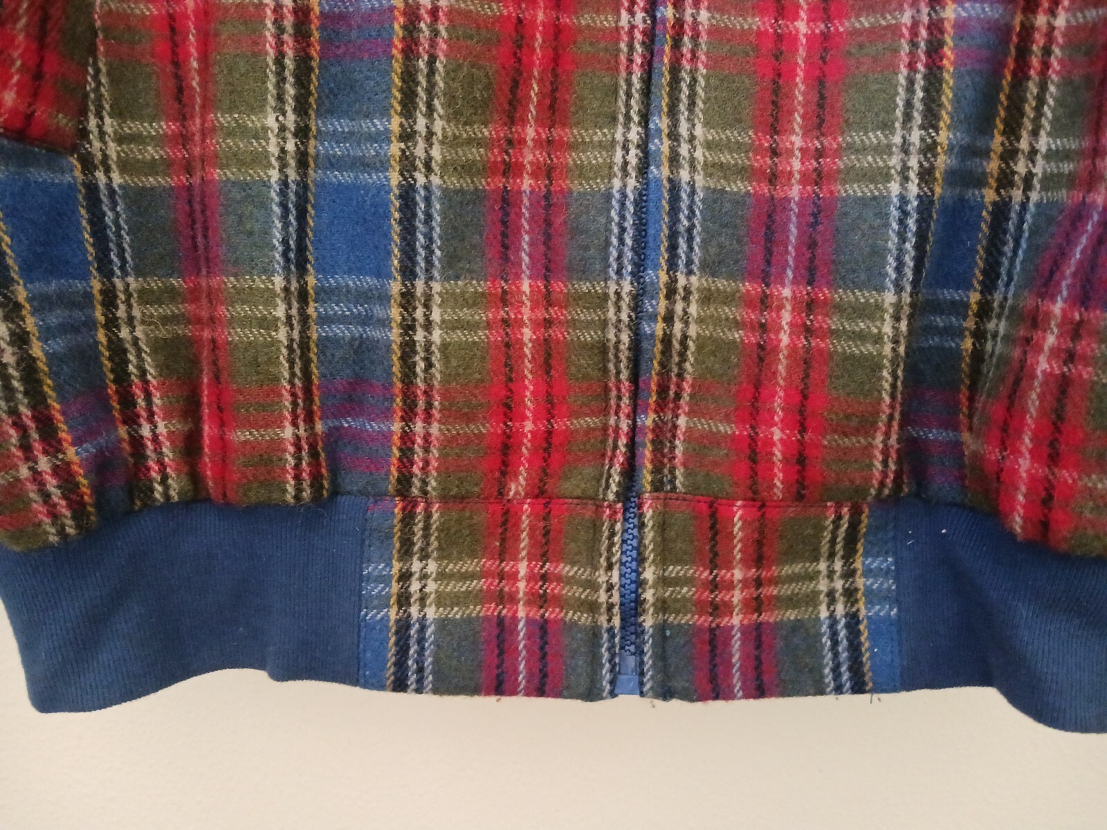 1980s Adolfo Royalty Collection M 48″ Blue Red Tartan Plaid Wool Bomber Jacket