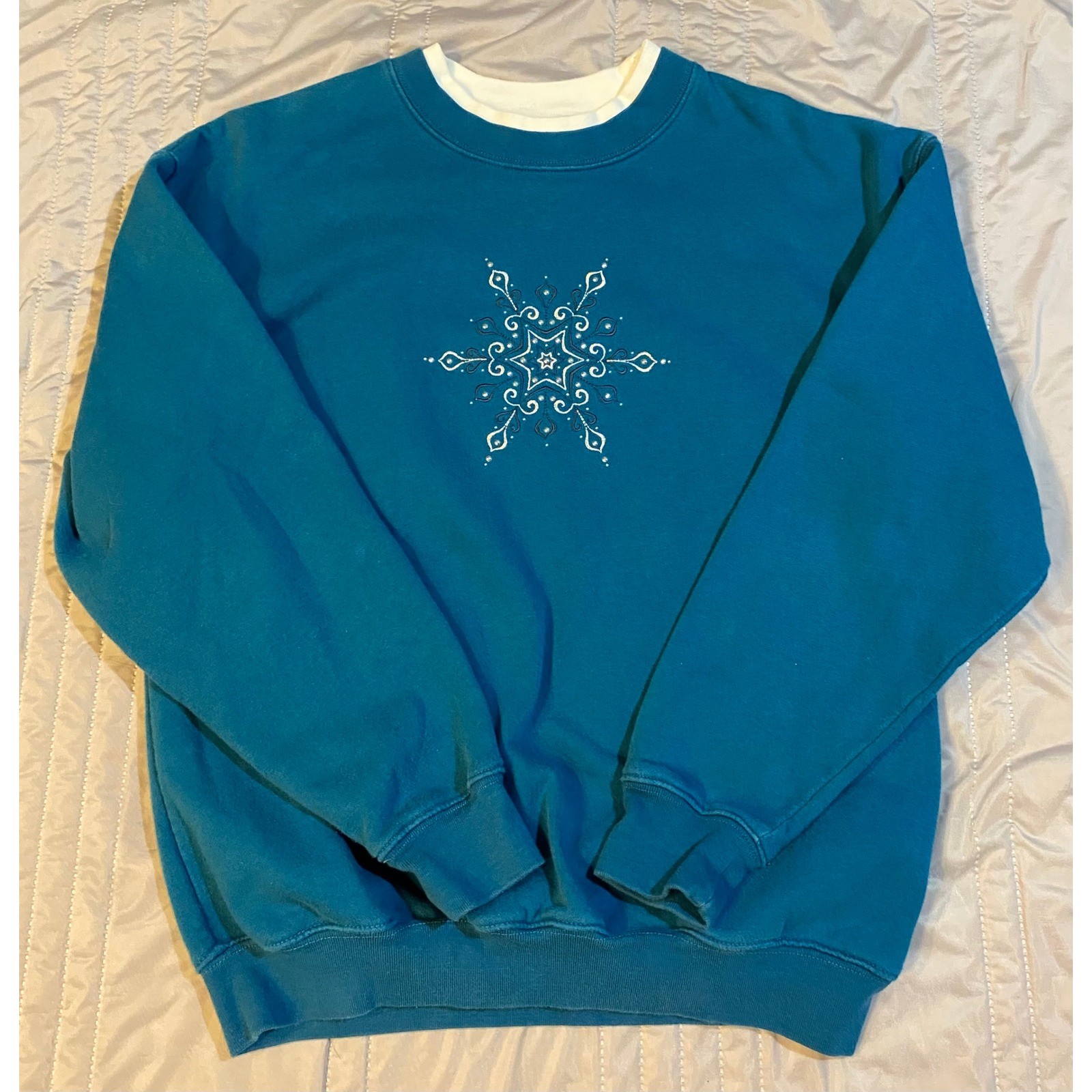 Vintage M&C Sportswear Snowflake Teal Sweatshirt Beaded Mock Neck Medium