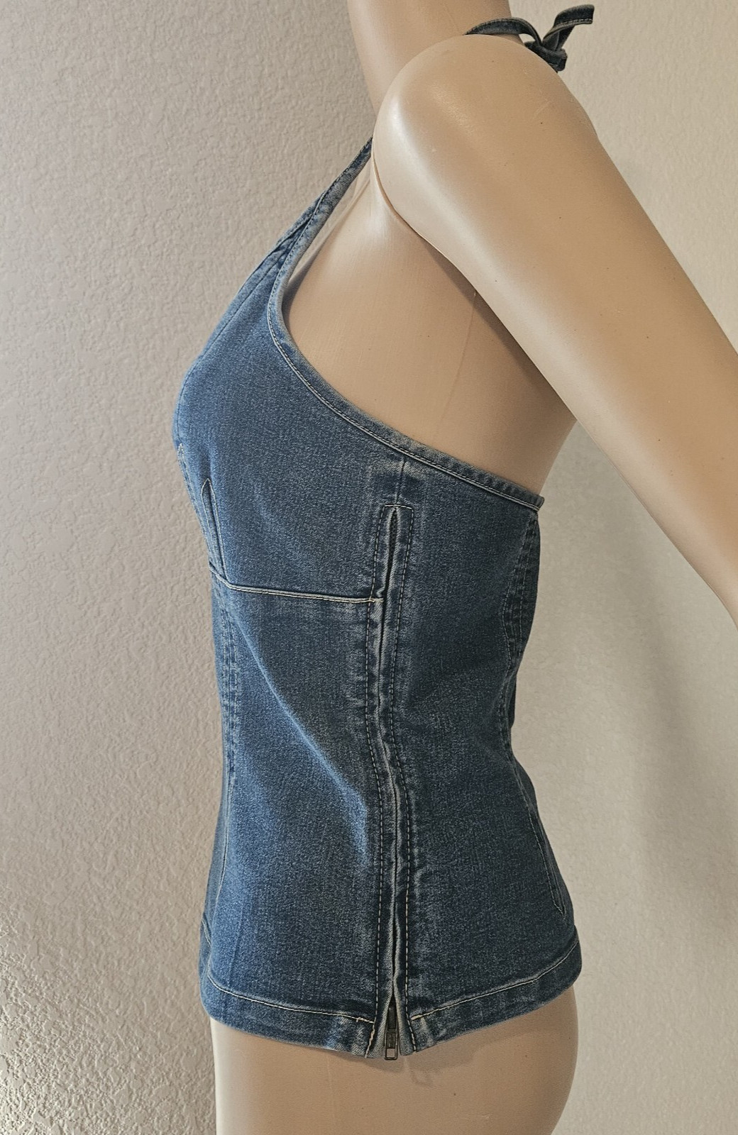 Vintage Y2K Denim Halter Top Side Brass Zipper European Size 38 Boho Western