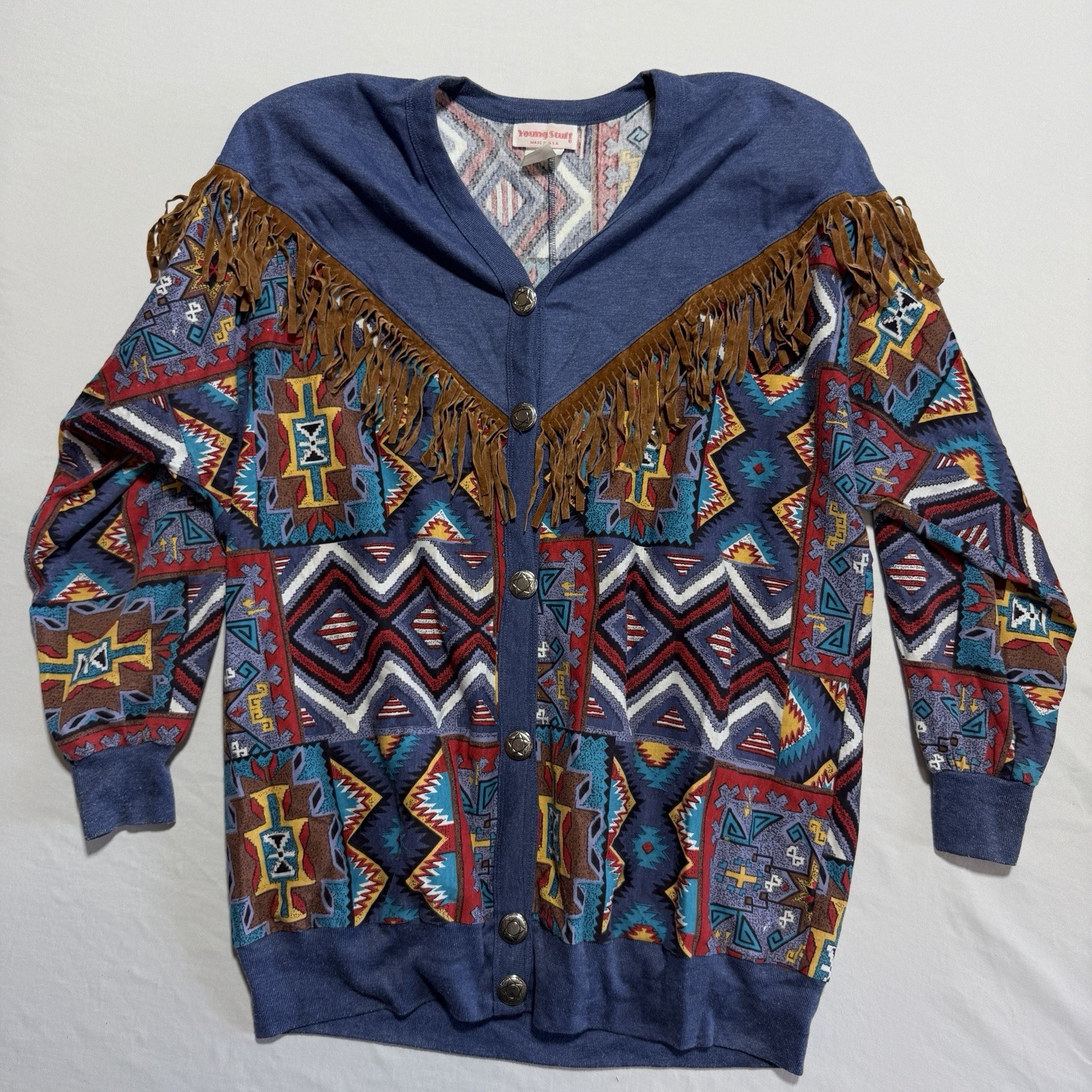 Young Stuff Vintage 80s Southwest Aztec Cardigan Suede Fringe Concho Snaps L