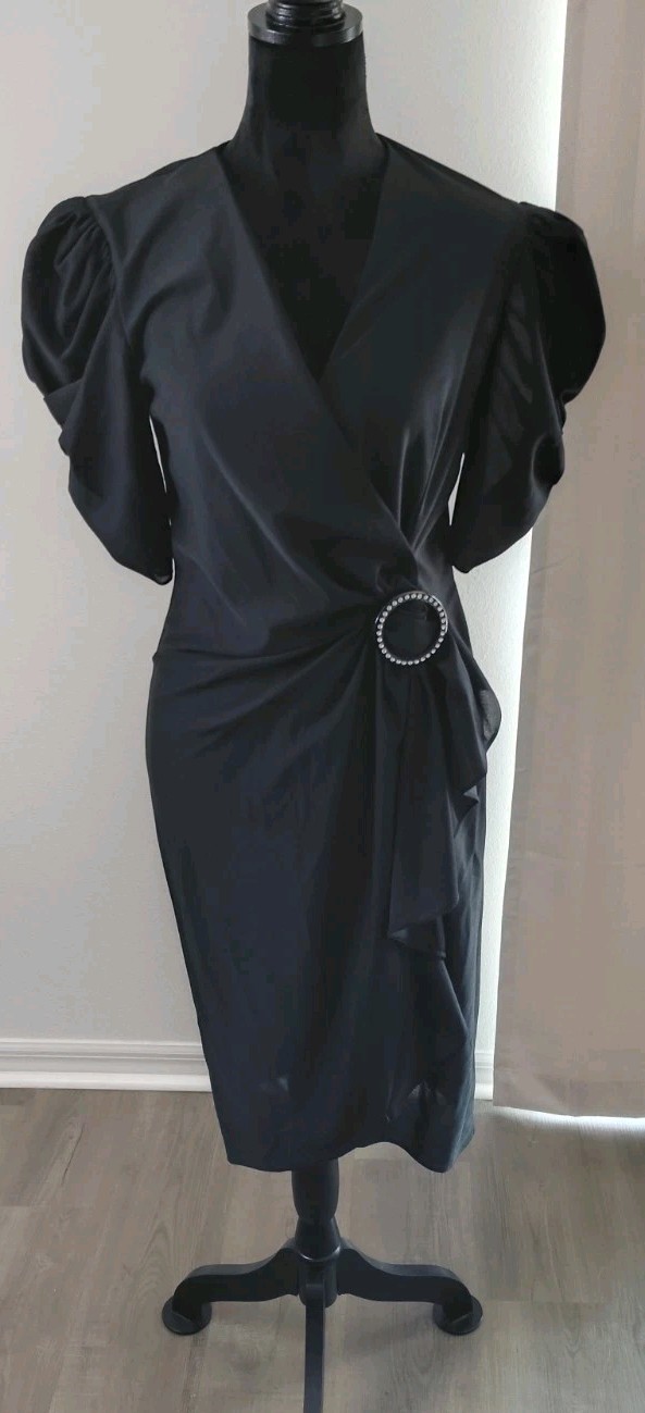 VTG 80s Jean Leslie Fay Black Puff Sleeve Rhinestone O Ring Faux Wrap Dress 10M