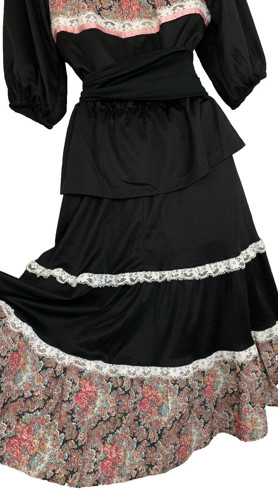 Vintage 1970s black tiered dress M 2 piece pink floral midi top shirt skirt set