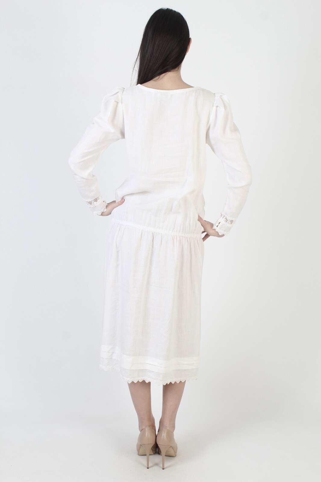 Jessica McClintock White Cotton Dress Drop Waist Victorian Deco Lawn Vtg Midi