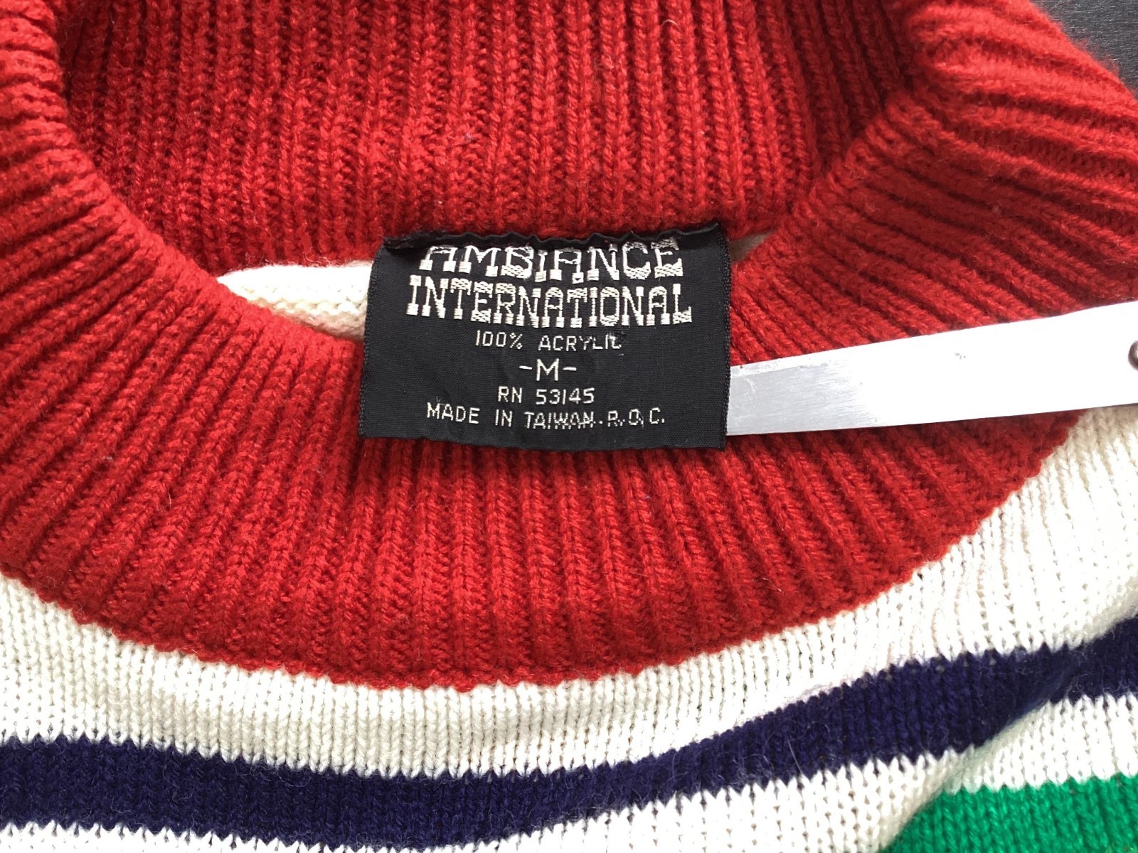Vtg 70s Numbers Striped Print Pocket Pullover Sweater White Red M Women’s Size