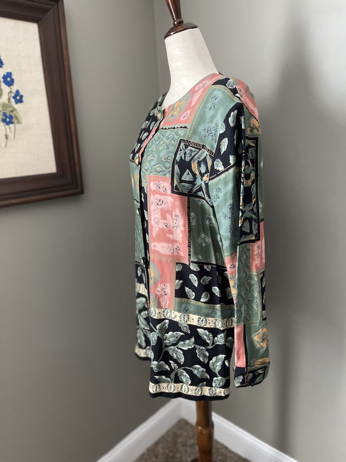 Vintage 80s 90s Shoulder Pad Patchwork Style Button Up Top Gold Spiral Buttons
