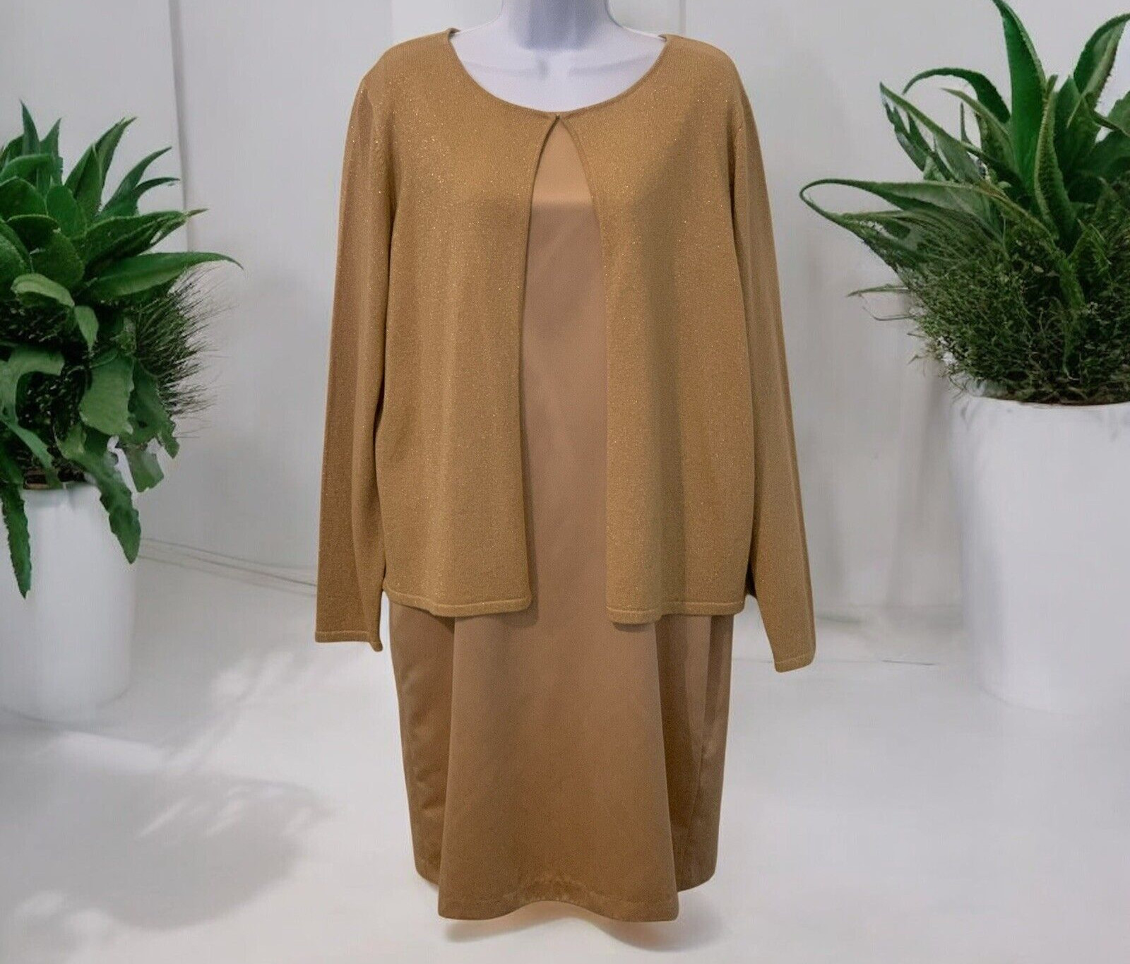 Victoria Holley Womens 2 PC Dress Set Size 14 Gold Silk Blend Matching Cardigan