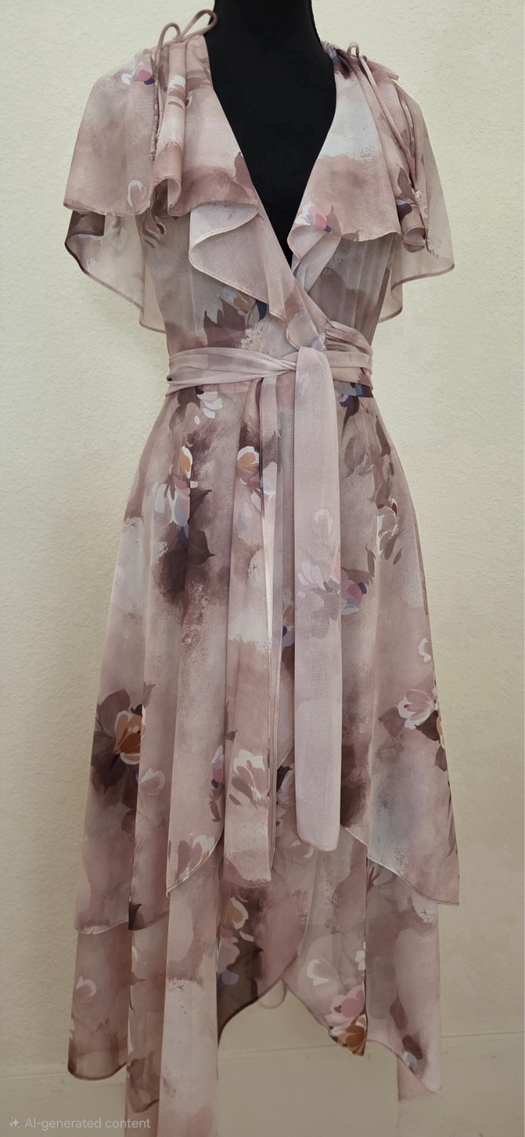 Vintage 1970’s Joseph Magnin Floral Wrap Layered Dress with Tie Cap Sleeves
