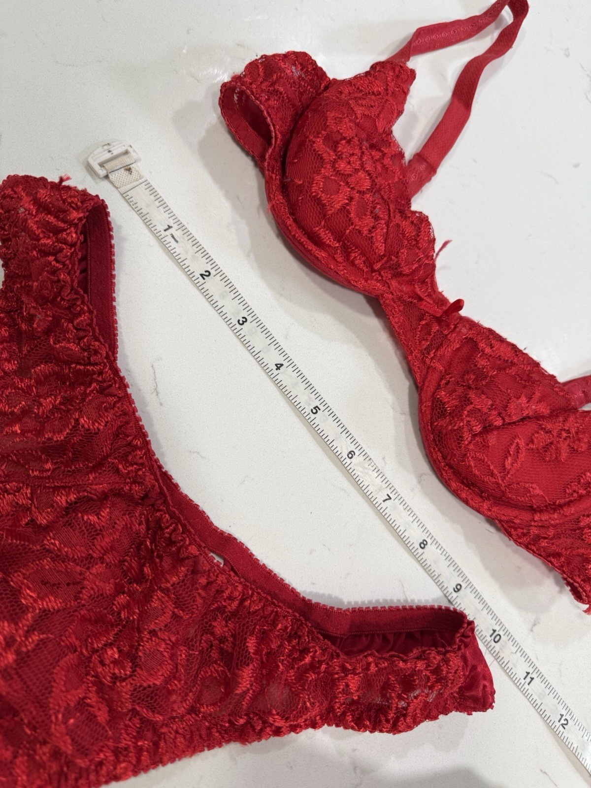 Vntg 1990s Red Lace High Cut Thong Bra Set 34B Large Pin Up Sexy Cotton Lined