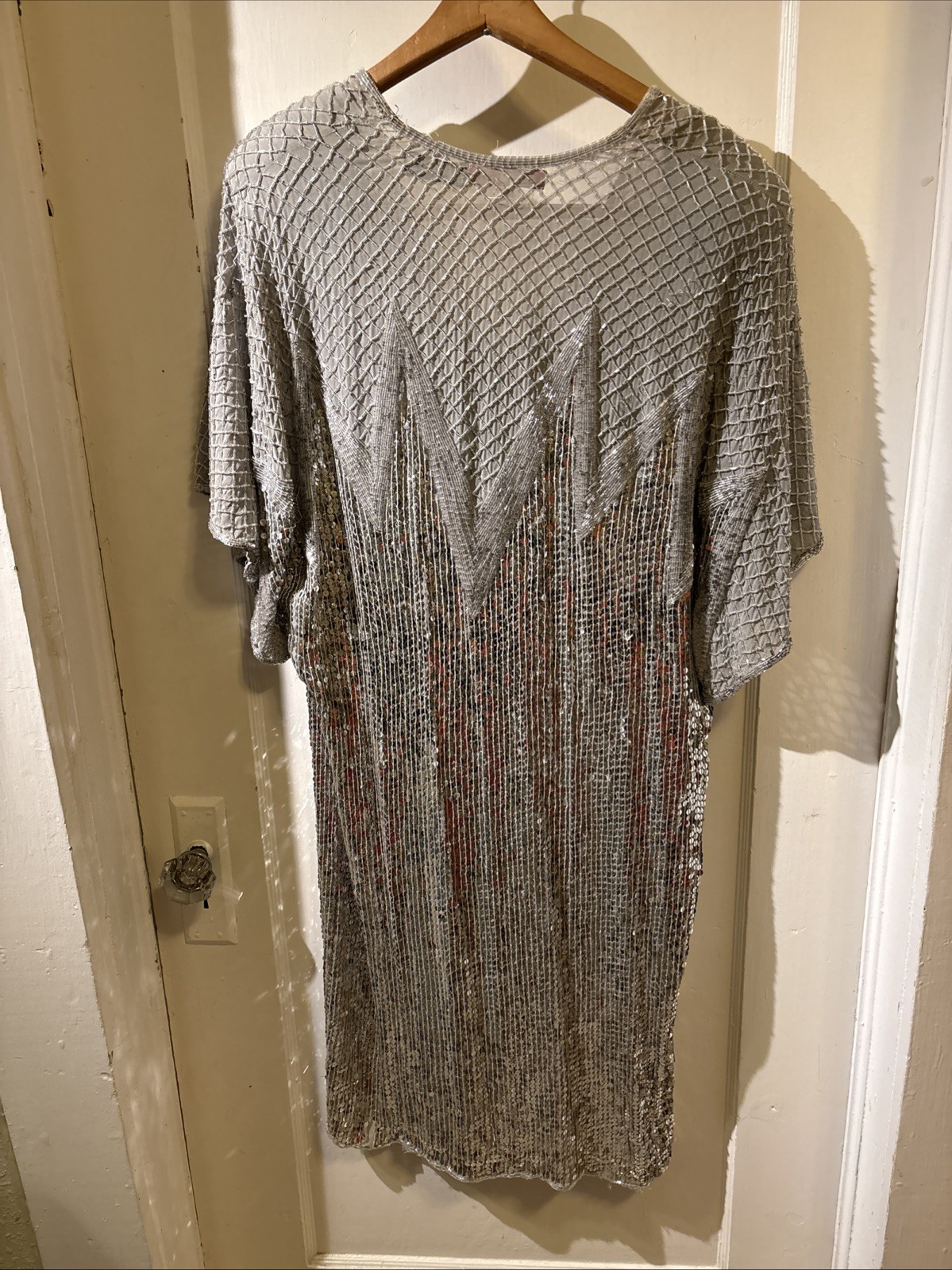 Halston III Vintage 80s Silk Sequin Beaded Silver Dress Size L
