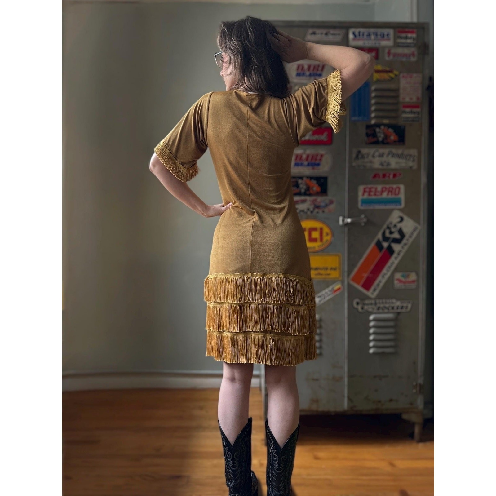 Vintage 70s Metallic Fringe Dress | Disco Cowgirl Knit Mini | Studio 54 | Size M