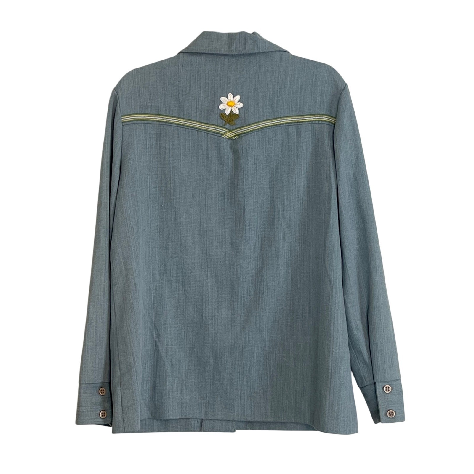 Vintage 70s Tall Girls Blue Western Shirt Embroidered Daisy Floral Long Sleeve