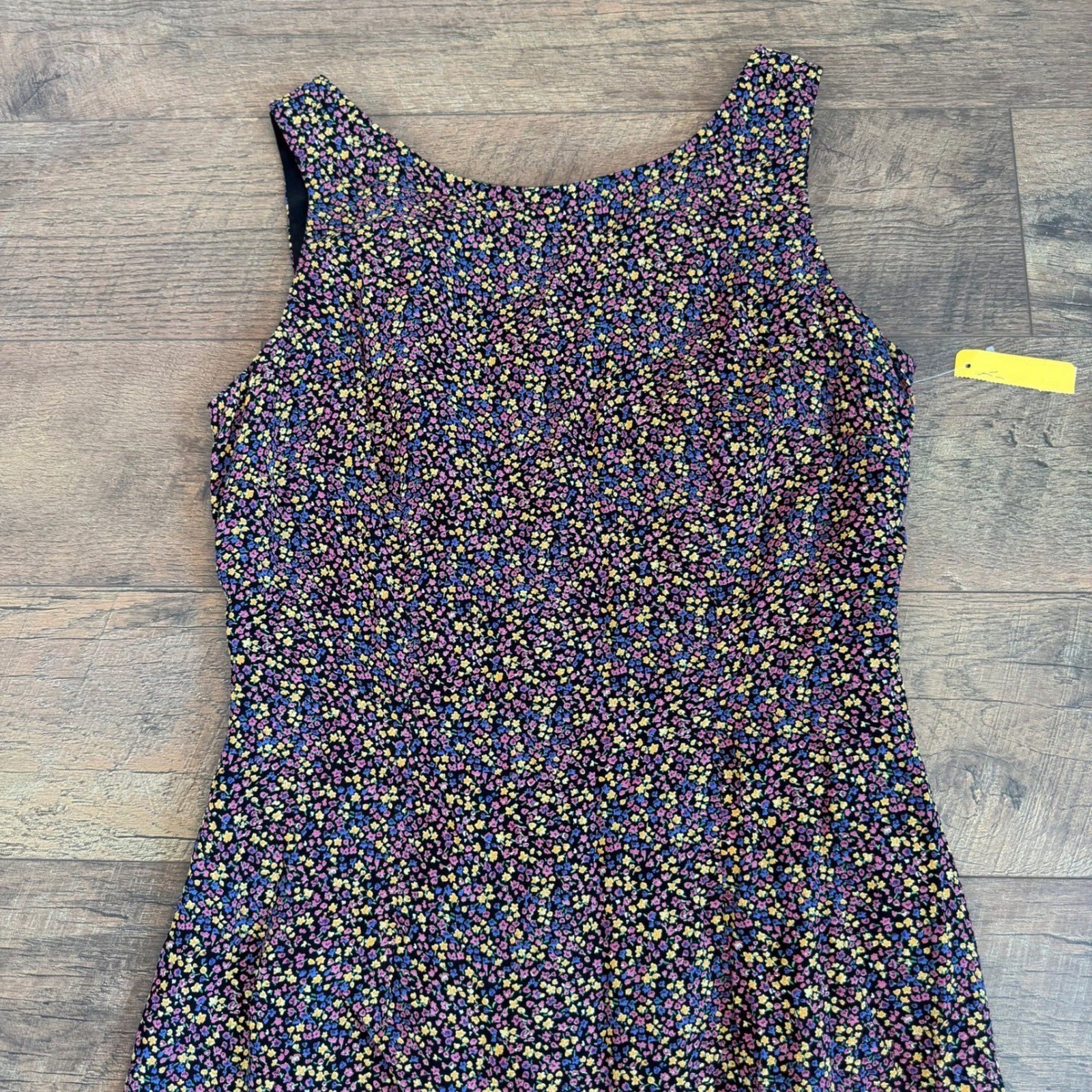 Mica Vintage 90s Ditsy Floral Sleeveless Sheath Dress Black Size 10 Made in USA