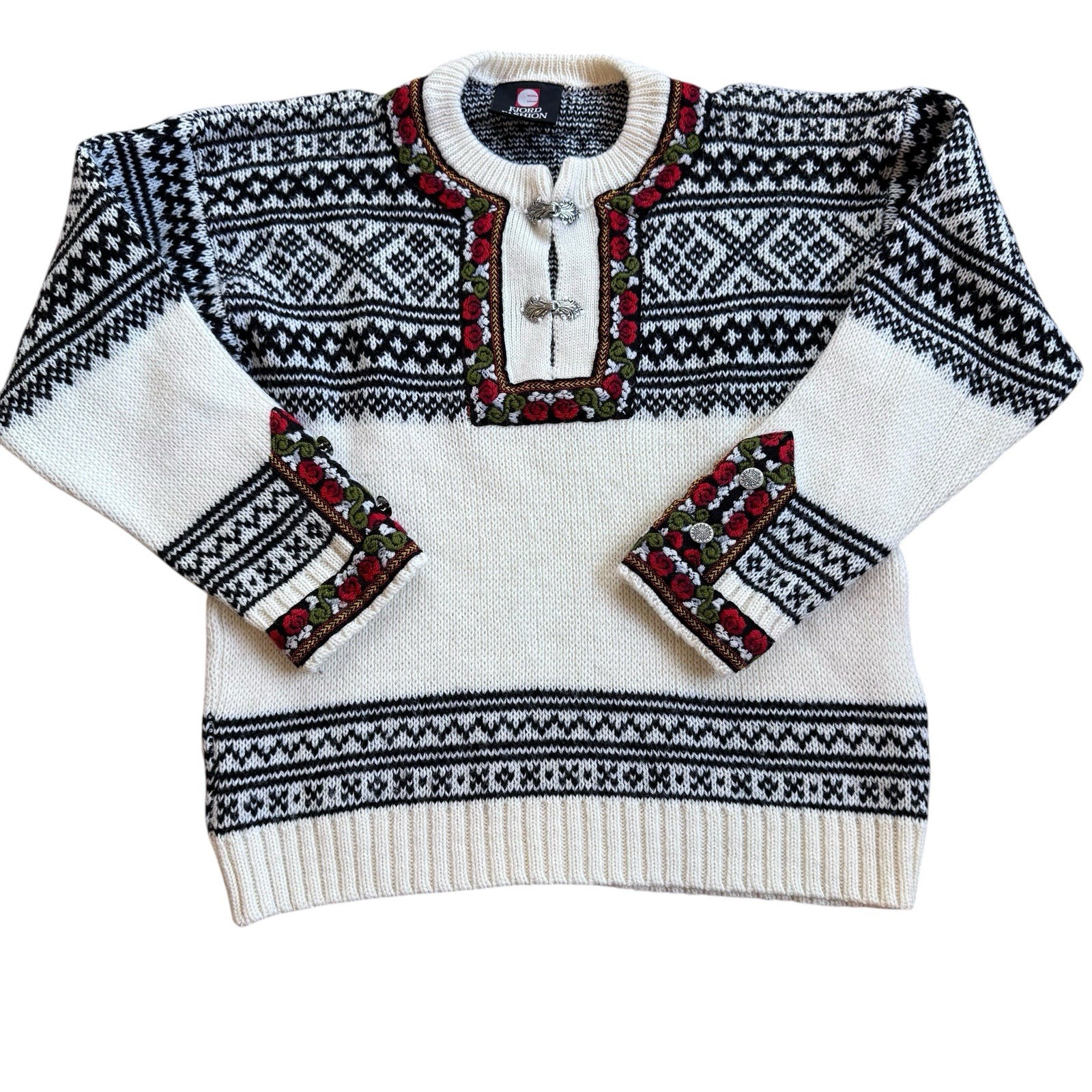 Vintage Fjord Fashion Sweater Wool Nordic Men’s Sz 46 Metal Clasp Roses Pullover