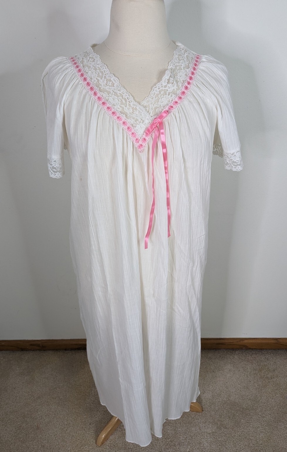 Vintage White cotton Lace Short Sleeve Long Night Gown Pink Ribbon Women’s L D2S