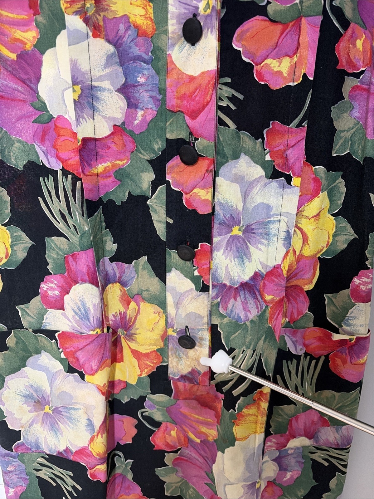Angela Caputi Vintage Floral Shirt Dress Black Cotton Made in Italy L