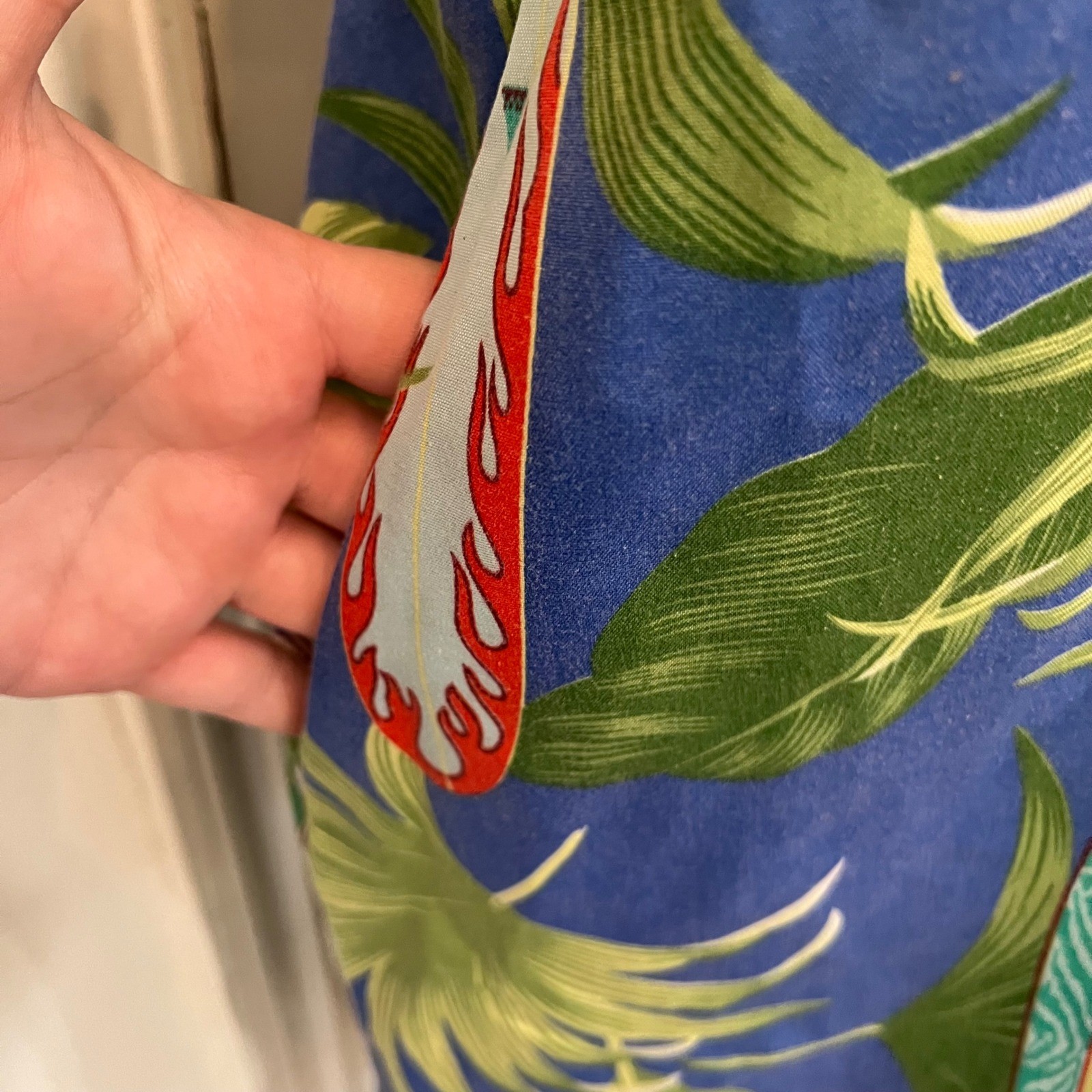 Vintage Blue Red Cotton Surfboard Palm Print Tropical Muu Muu Ruffle Dress Large