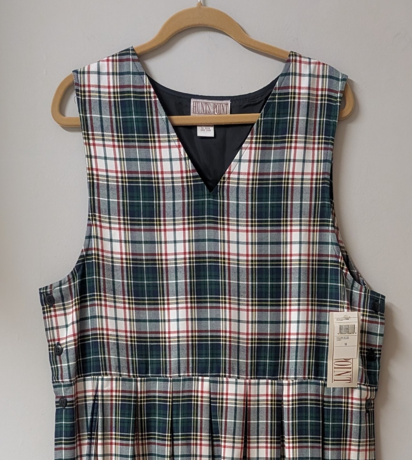 Hunts Point Ivory Green Red Tartan Plaid Vtg Deadstock Jumper Side Buttons 16
