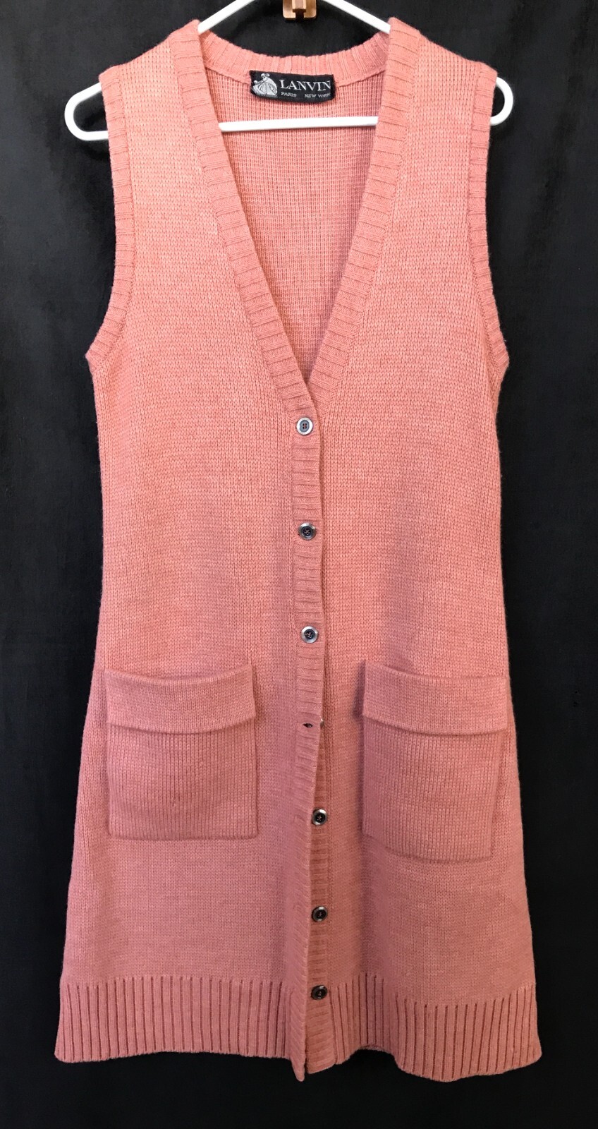 LANVIN Paris 4 piece knit set VTG salmon wool Turtleneck Vest Pants Belt Sz 40