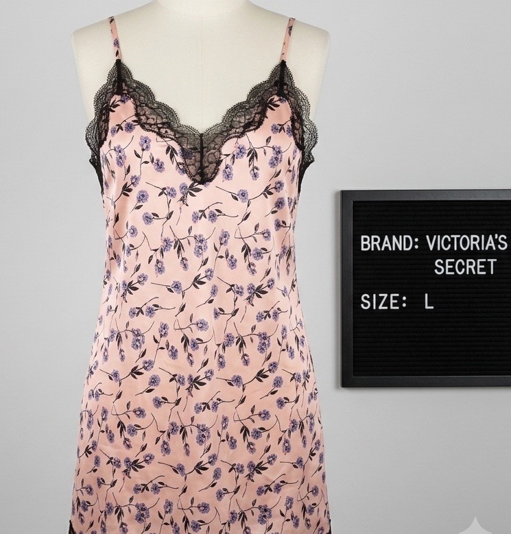 Victoria’s Secret Satin Slip Dress Chemise L Pink Purple Rose Black Lace Trim VS