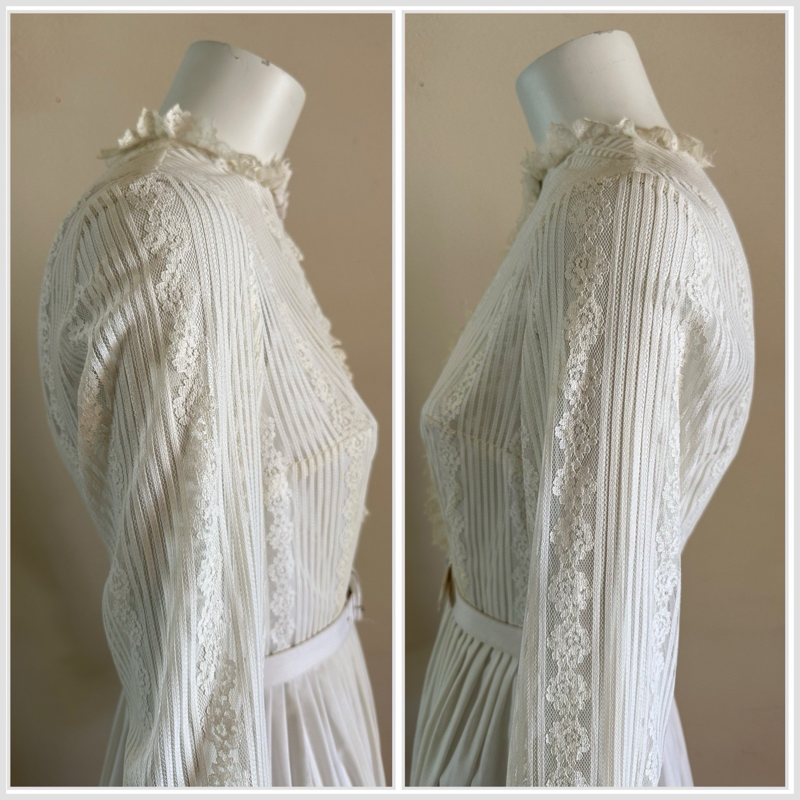 1960s 70s Judy Rhodes Victorian Revival Pleated Lace Dress Prairie Romantic VTG