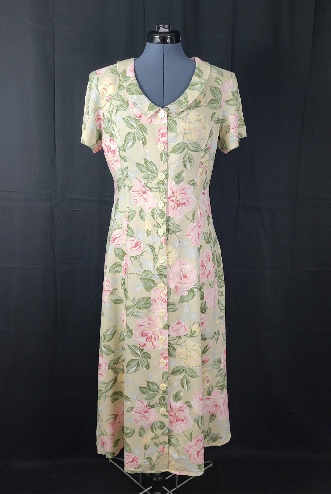 Vintage Ellen Ashley Tan Fit & Flare Button Down Dress w Pastel Florals Size 8