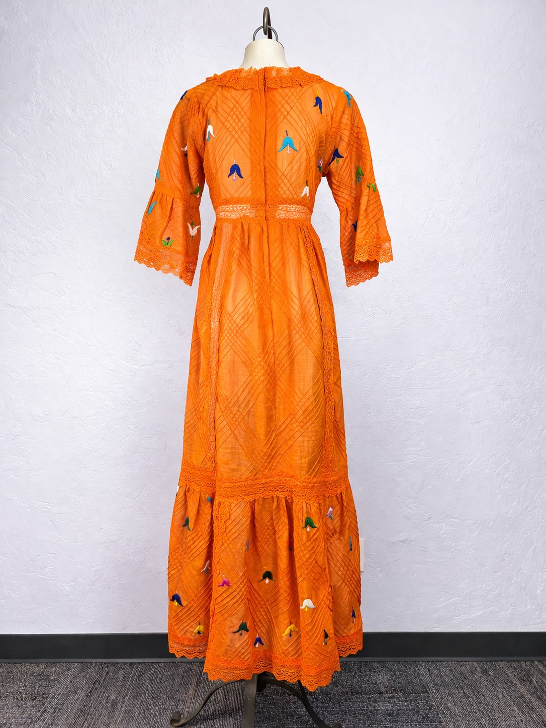 Vintage 70s Orange Embroidered Lace Maxi Dress Boho Bell Sleeve Cottagecore