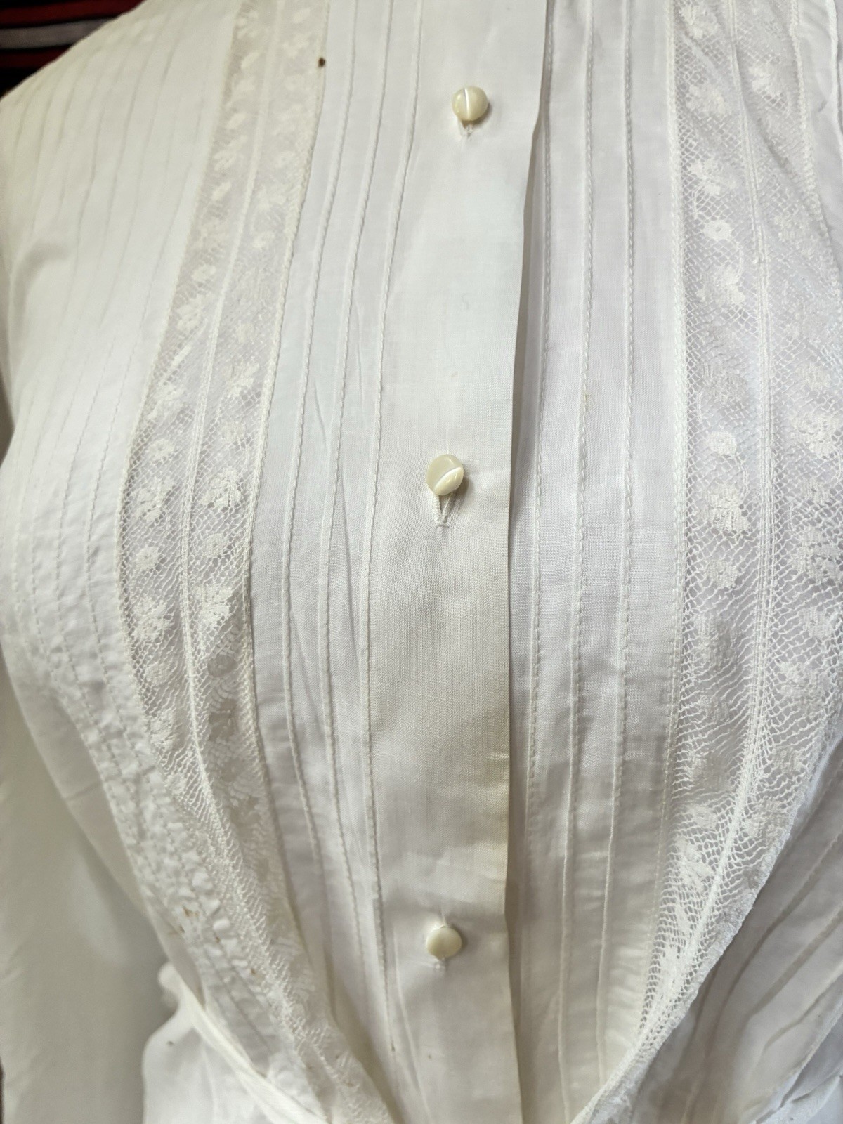 Vintage Handmade 40s White Pintuck Lace Button Up Blouse Top Size M
