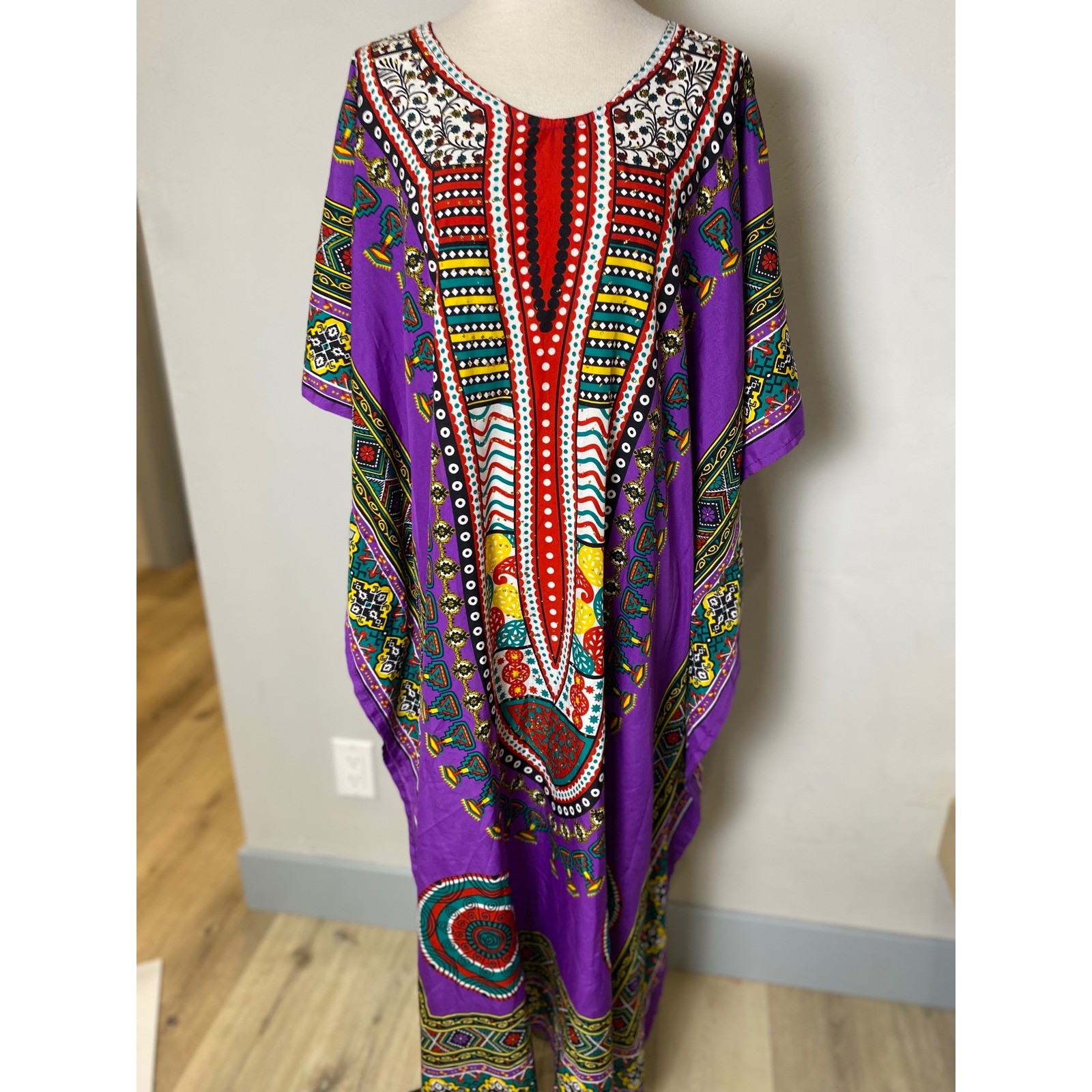 Vintage 90s Sante Classics Purple Dashiki Kaftan Dress One Size Bohemian Maxi