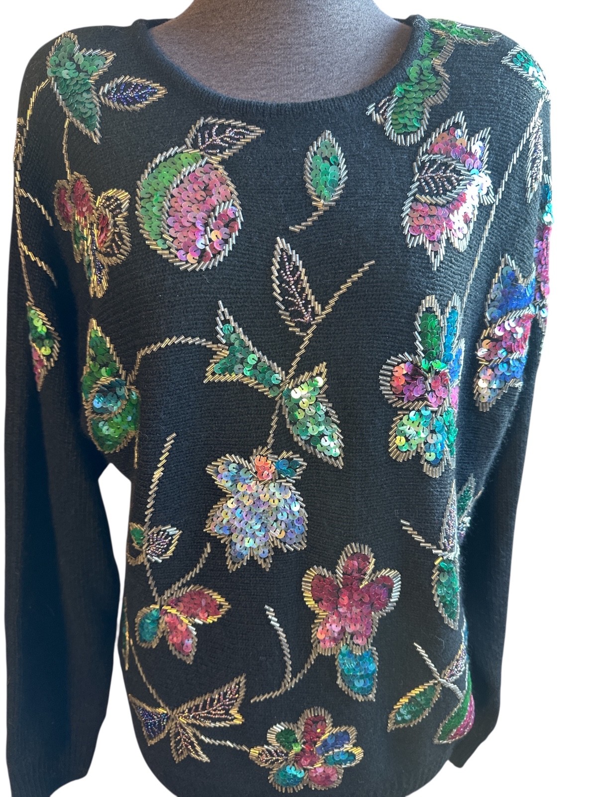 90s Vintage Gladys Bagley Womens Small Floral Sequin Beaded Holiday Knit Sweater