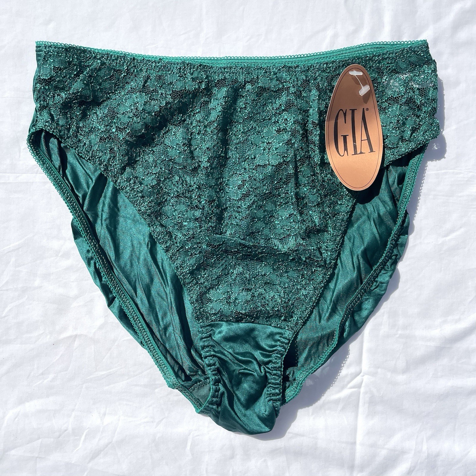 Vintage Gia High Cut Satin Lace Panties Womens Large 7 Green