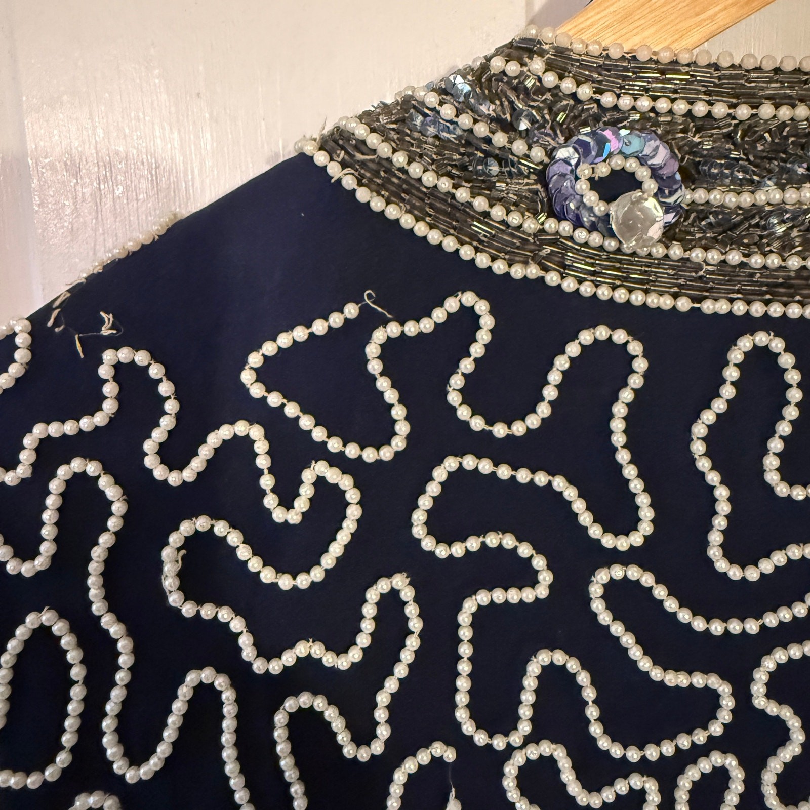 Vintage Stenay Sequin Navy Cocktail Jacket Beaded Pearl XL Long Sleeve