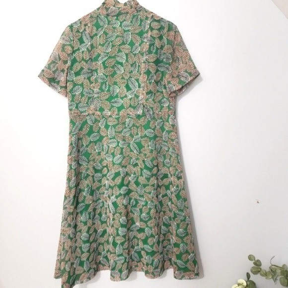 Vintage Union Dress Maker Green Leaf Print Pussy Bow A-Line Dress Short Sleeve