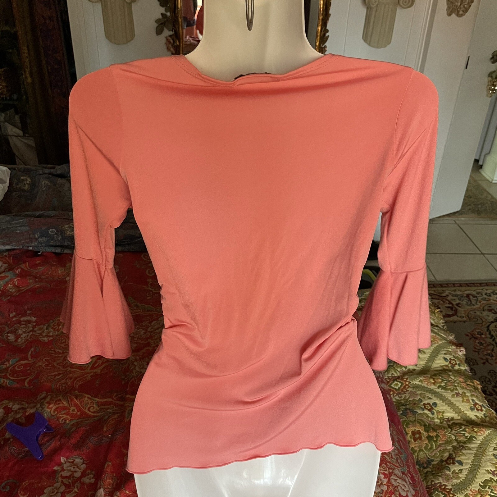 Vtg Top 90s Y2K 70s Boho 3/4 Flutter Flare bell Sleeve S v neck pink salmon bead