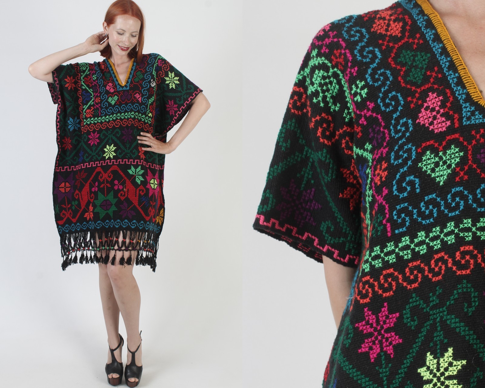 Vintage Black Mexican Kaftan Embroidered Fringe Oaxacan Sundress Woven Caftan