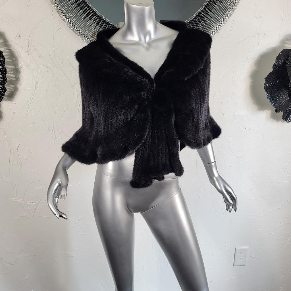 SAKOWITZ~S/M/L~VINTAGE BLACK KNITTED GENUINE REAL MINK FUR STOLE WRAP CAPE COAT