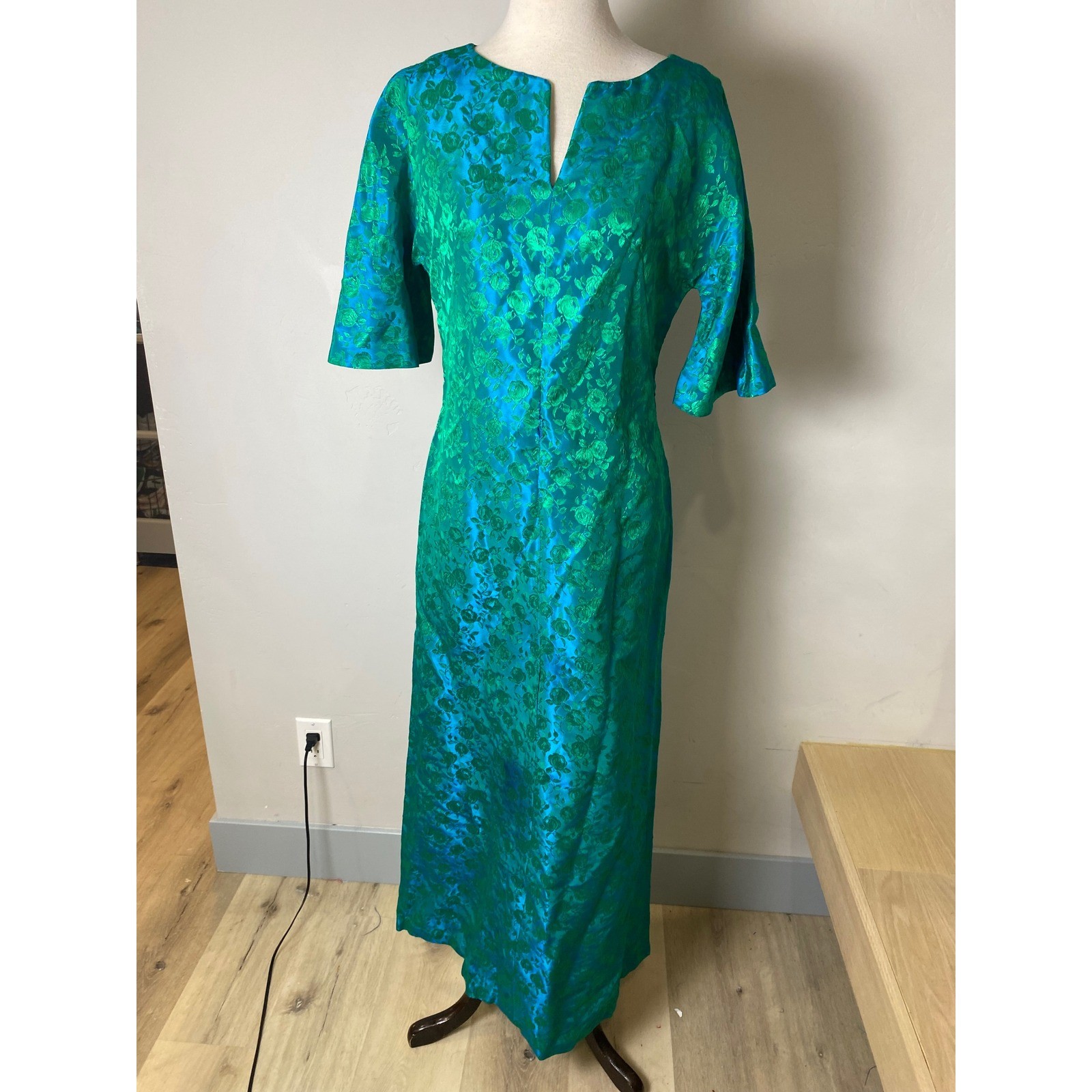 Vintage 60s Floral Brocade Maxi Dress Turquoise Green Bell Sleeve Gown Metallic
