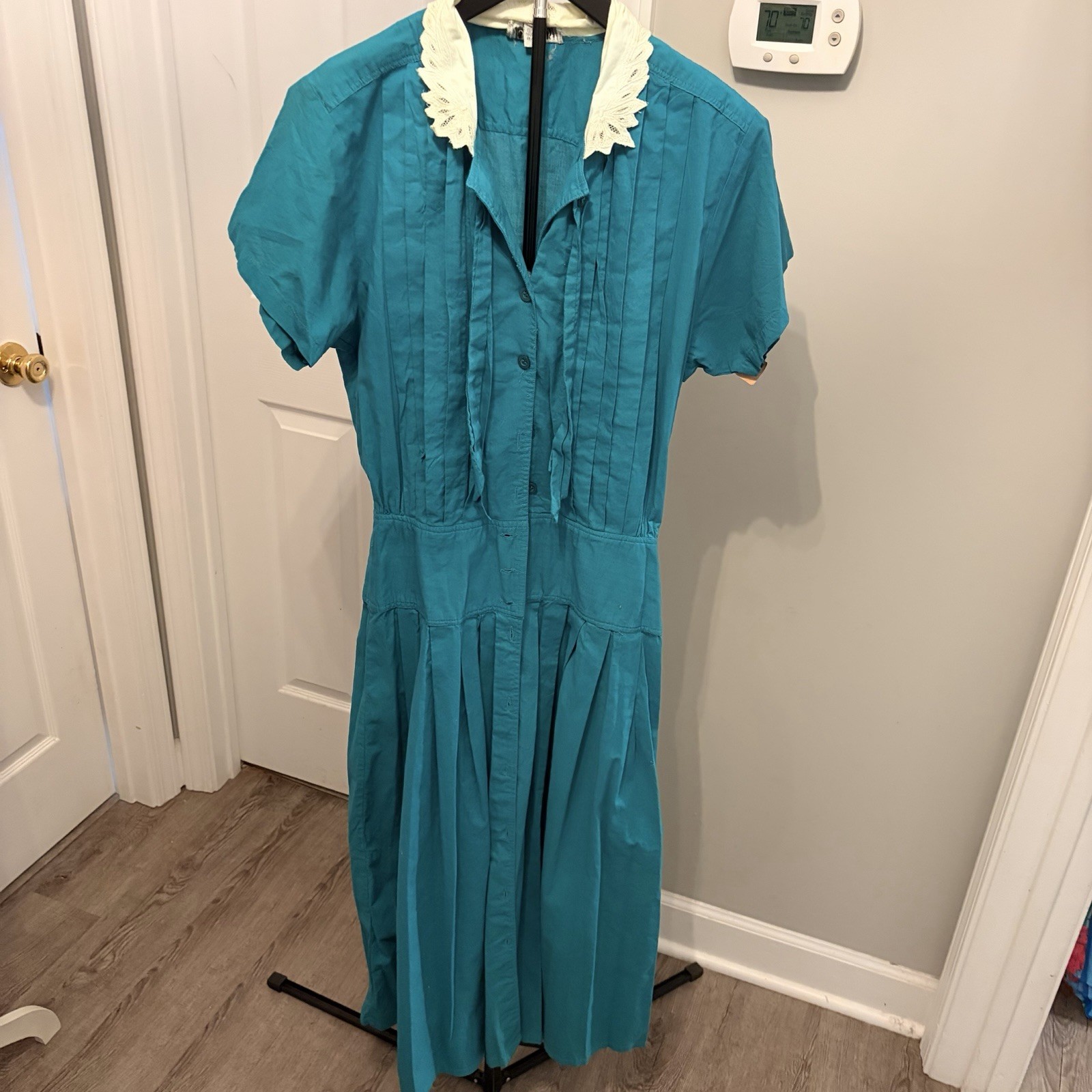 Vtg 80s Moonglow Teal Cotton Pleated Dress Lace Collar Timeless Rockabilly Med