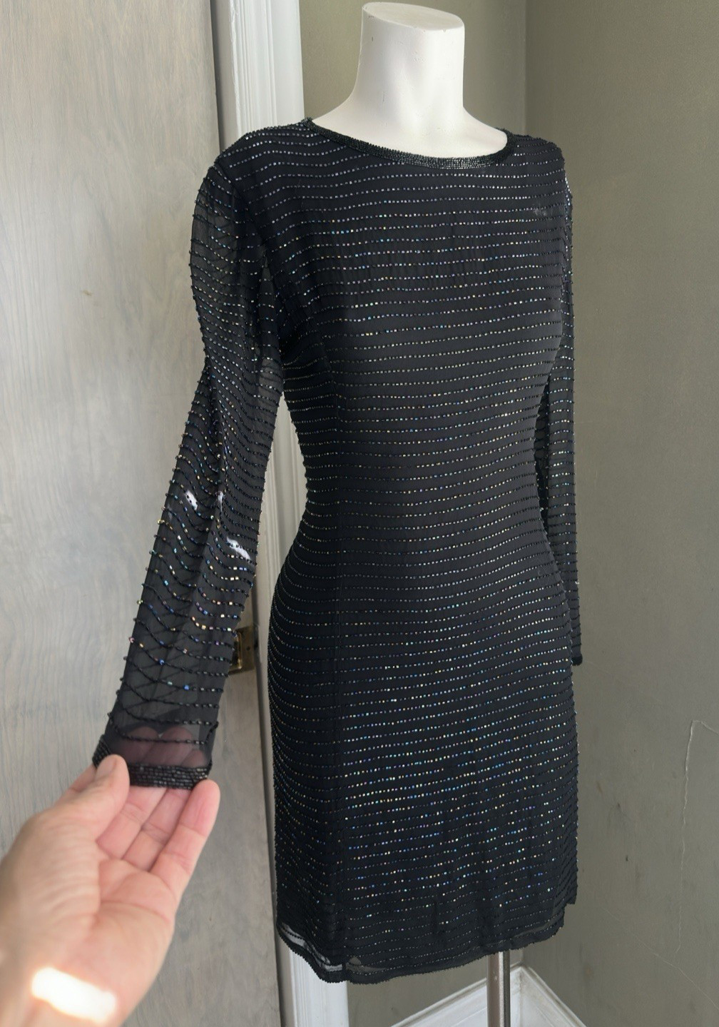 Vintage 80’s Silk Sequin Beaded Party Dress, Sheer, Lining L sleeves byt Bieff