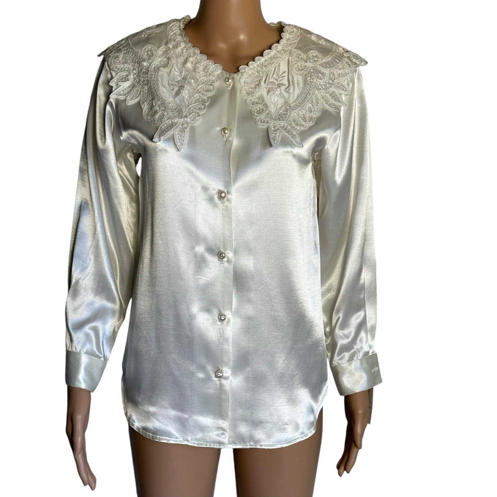 Vtg Melrose Petites Ivory Satin Lace Collar Pearl Button Blouse Made in USA S