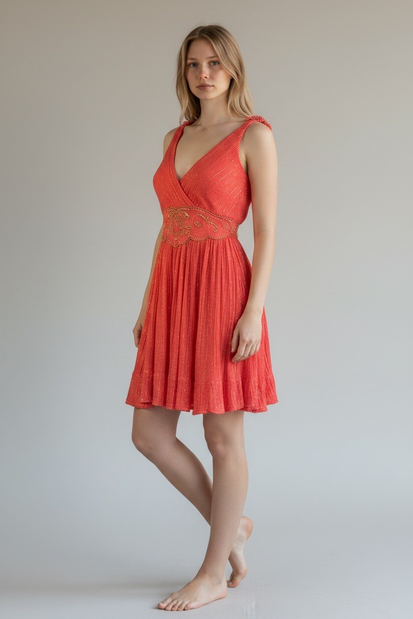 80s Greek Goddess Coral Gauze & Gold Lurex Mini Vintage Sundress | S