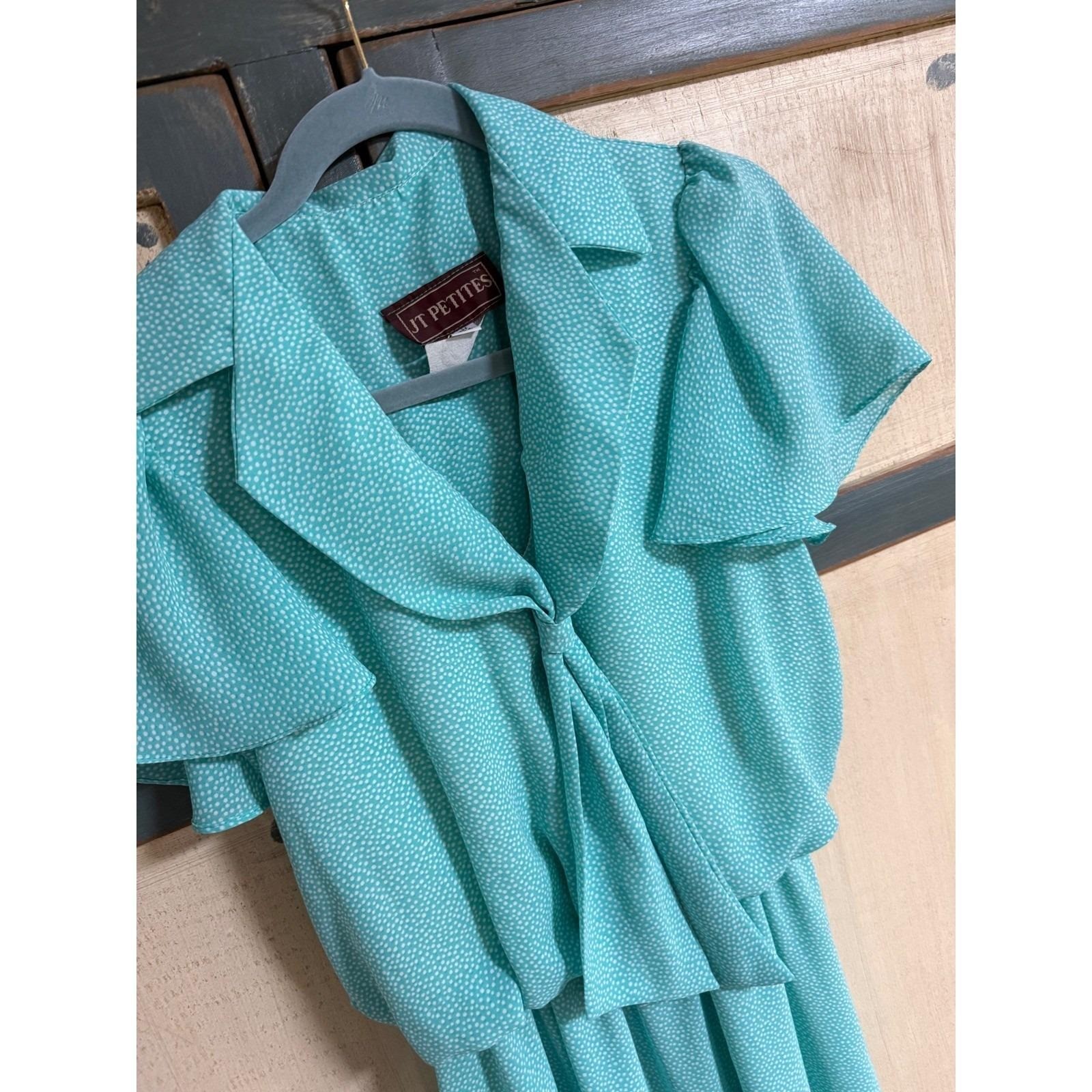 JT Petites Vintage 80s Polka Dot Midi Dress Aqua Blue Flutter Sleeve Size 8 USA