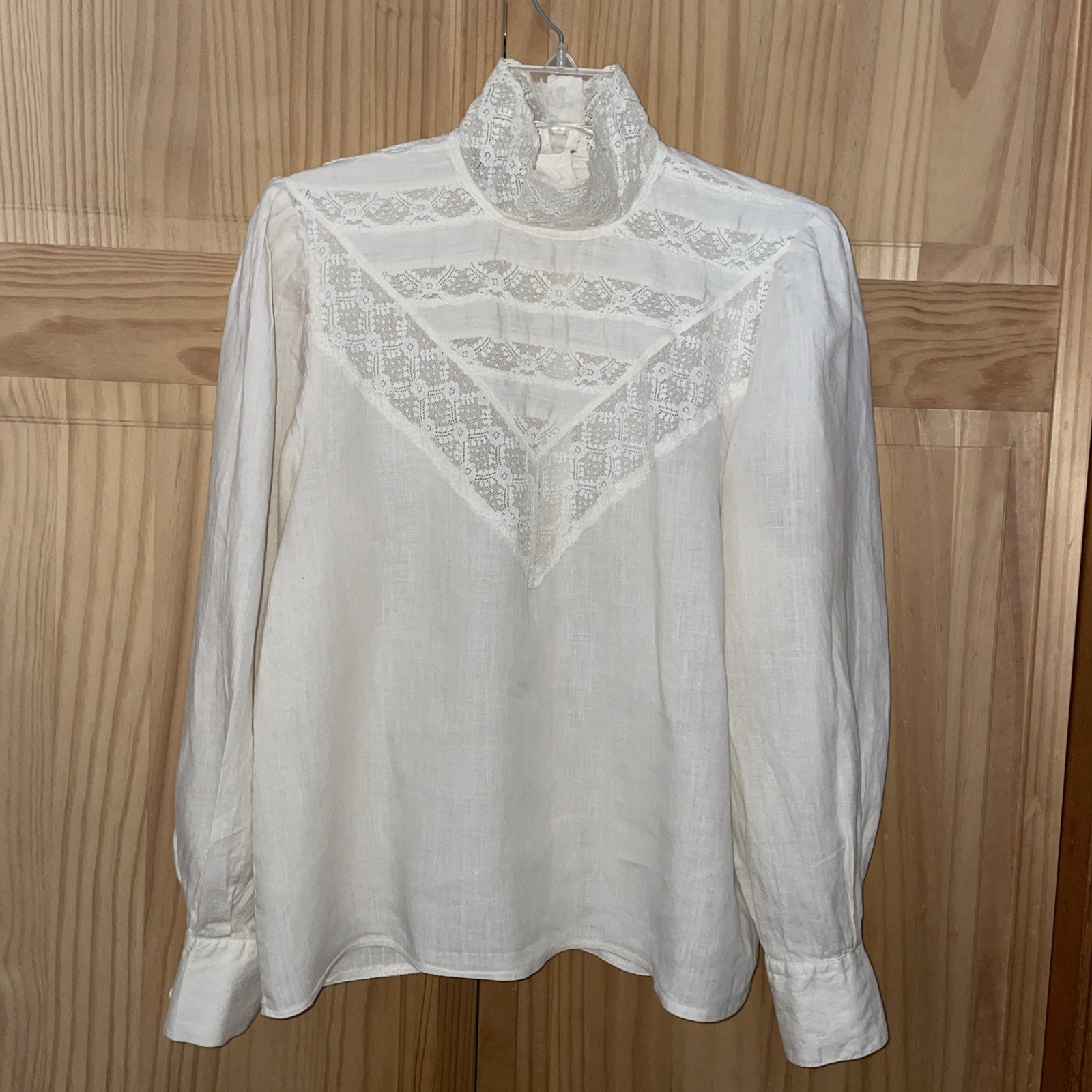 Vtg Ramsay of Dublin Irish Linen Blouse Lace Ivory Victorian High Neck Size 12