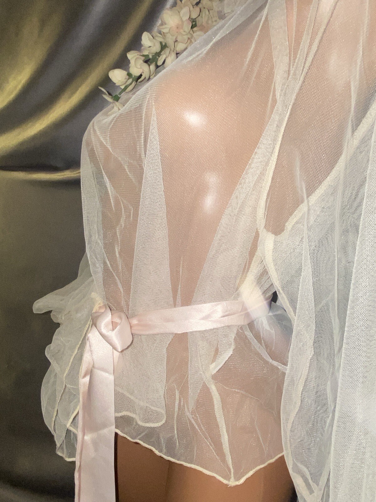 VTG SHEER Silky Nylon Mesh See Thru Sissy Poets Long WHIMSIGOTH Blouse OSFM