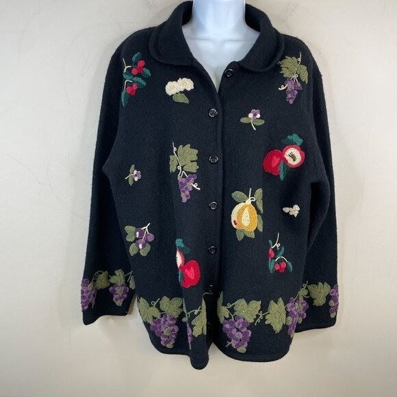 Claire Murray Vintage FRUIT Boho Sweater Medium Whimsy EMBROIDERED Cozy Cardigan