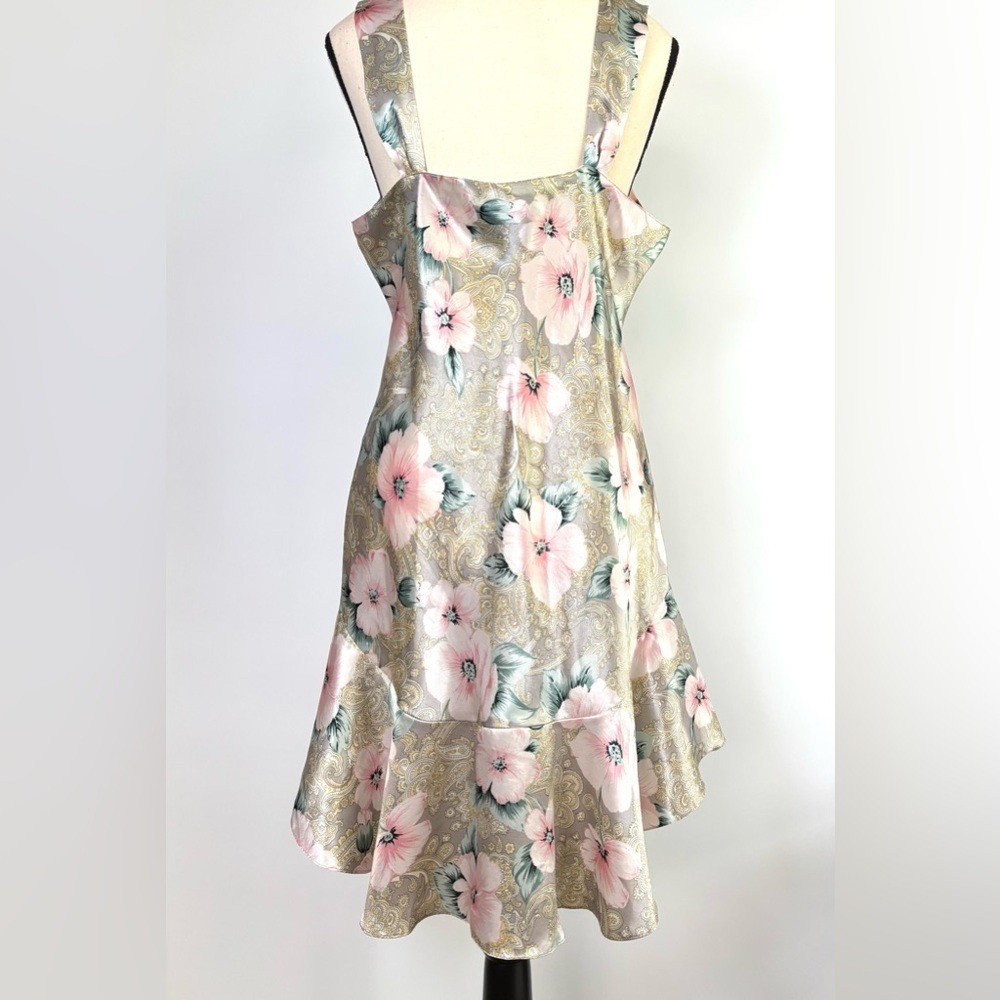 Vintage Satin Chemise Slip Dress 80’s Coquette Ruffle Floral Pinup Girl Glam