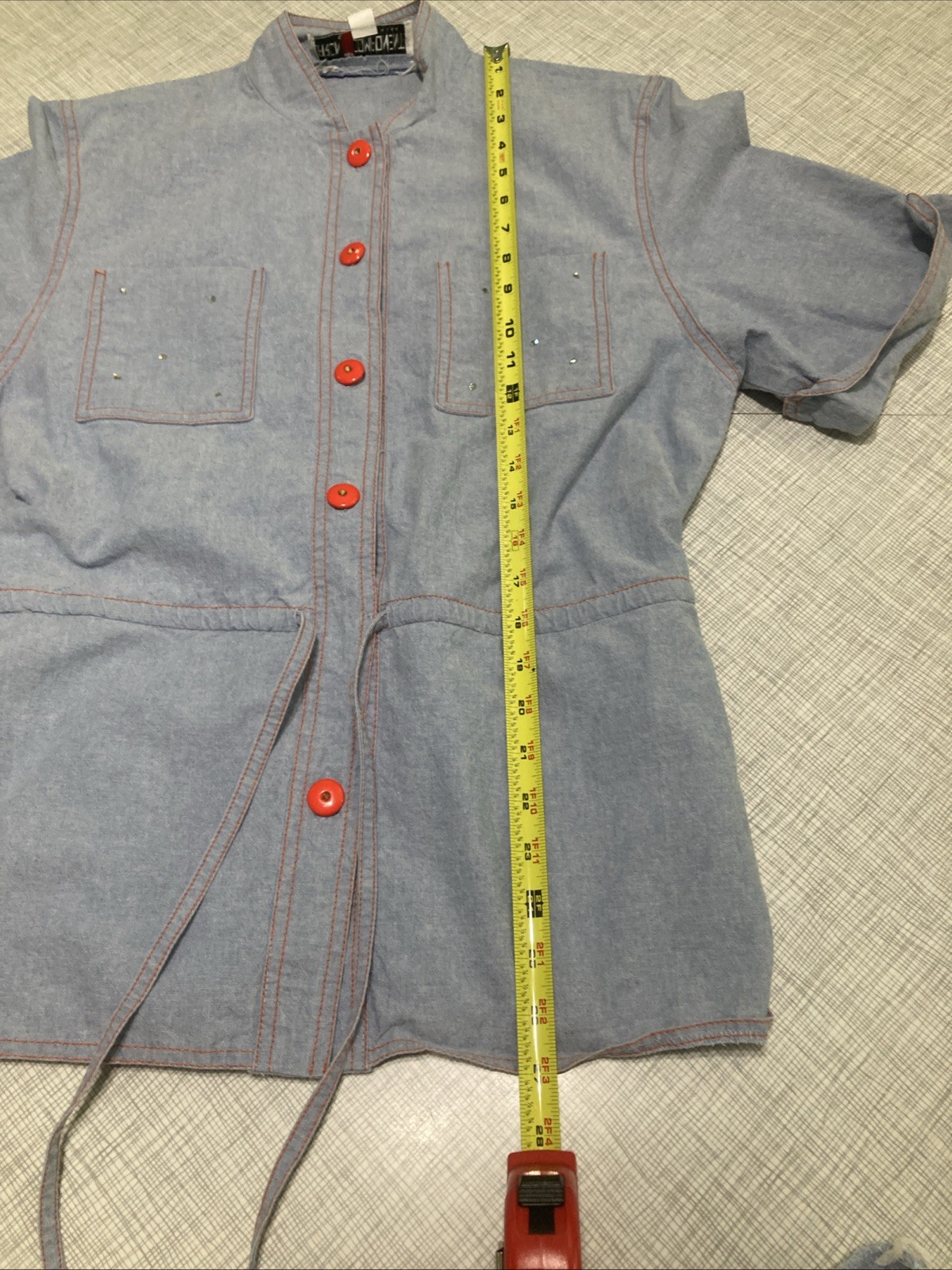 Vtg 80s Utility Blouse Midi Skirt Set Red Contrast Chambray Safari Separates 10