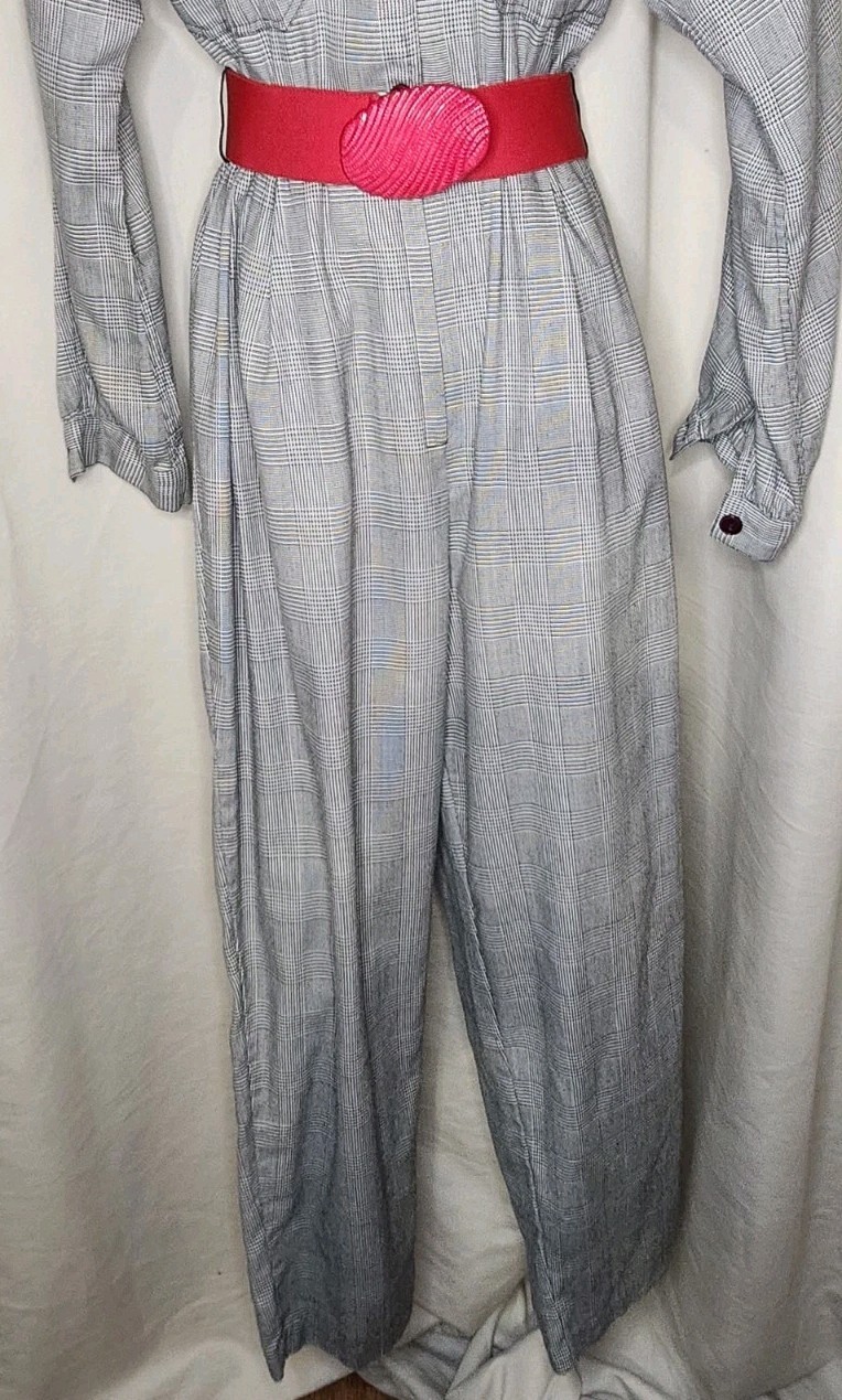 VTG 80s Black & White Houndstooth Check Button Up Jumpsuit w/Red Belt LS Sz S/M