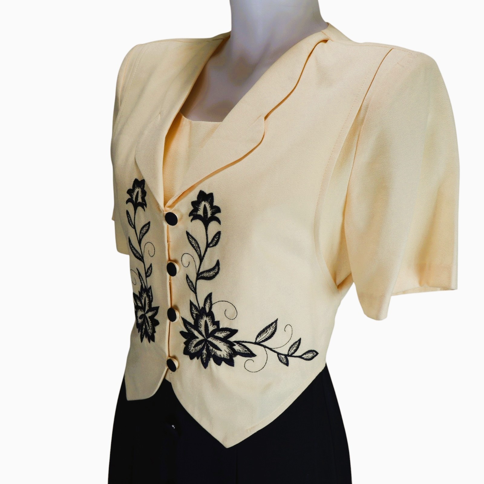 Vintage Miss Dorby Dress Women 10 Navy Yellow Faux Jacket Embroidered Midi 90s